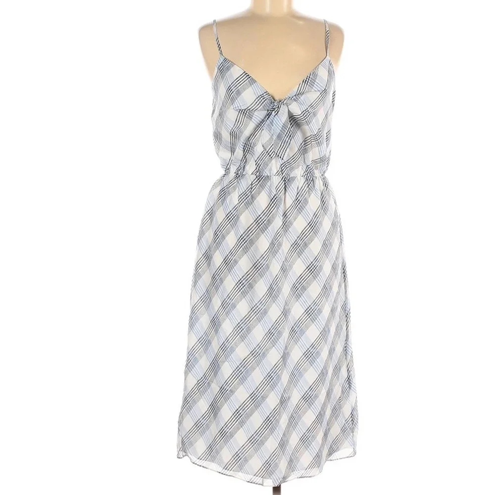 JOIE Plaid White & Blue Abiah 100% Silk Midi Dress Size Medium